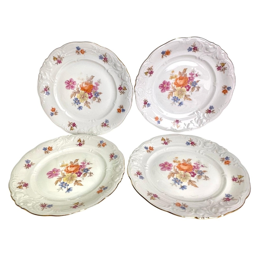 Vintage KPM Floral Porcelain Plates with Embossed Scroll Design, Set of 4